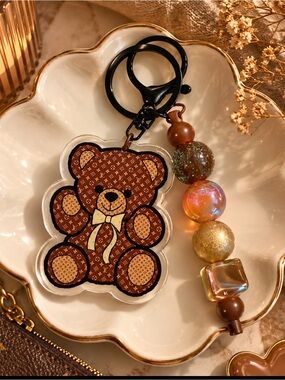 Handmade Inspired Teddy Bear Acrylic Keychain with Beaded Charm — Brown